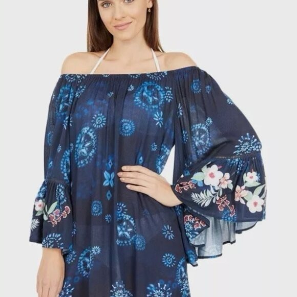 Johnny Was Annia Blue Floral Off-Shoulder Swim Tunic Cover-Up Size Large - Picture 1 of 11